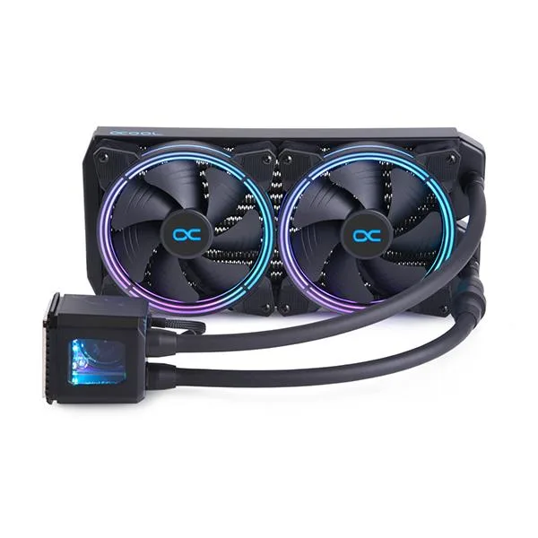 Alphacool Eisbaer Aurora 280 AIO liquid cooler with two fans and illuminated pump block