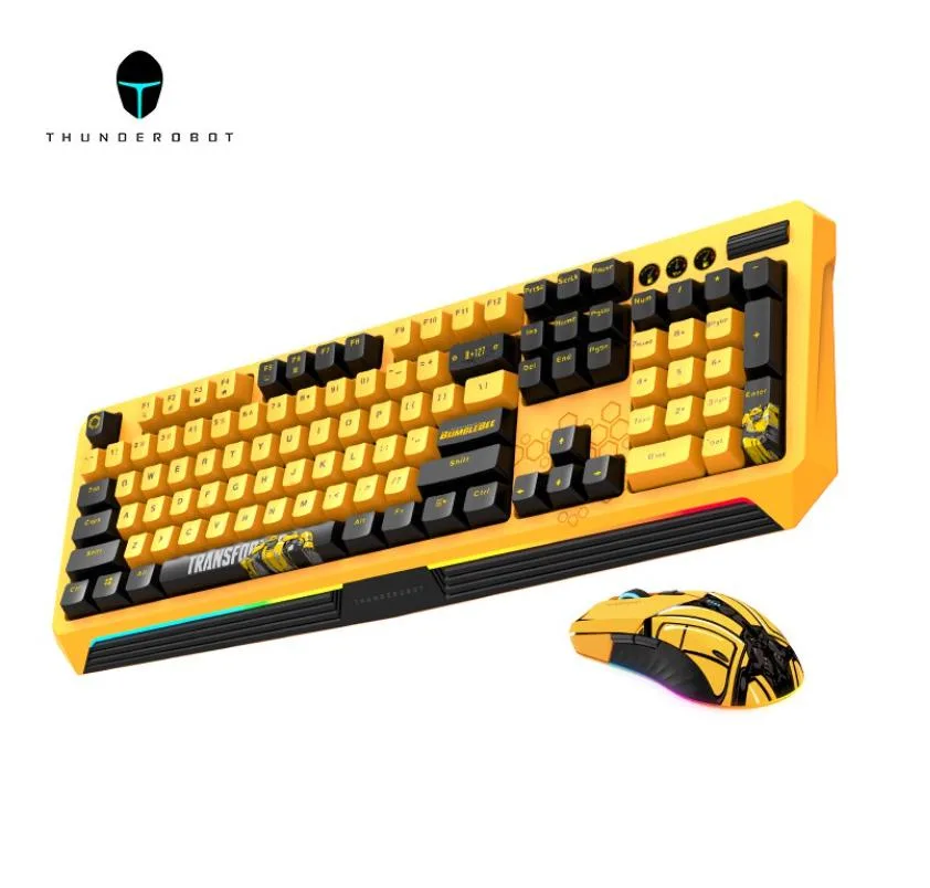 Yellow full-size mechanical keyboard and matching ergonomic mouse with RGB lighting