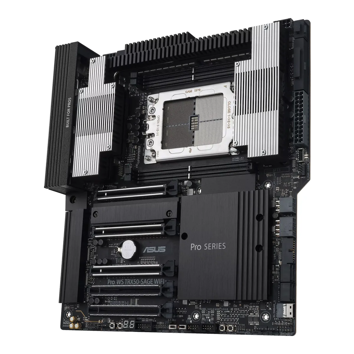 ASUS workstation motherboard, CEB form factor, dark PCB with large VRM heatsinks and multiple PCIe slots