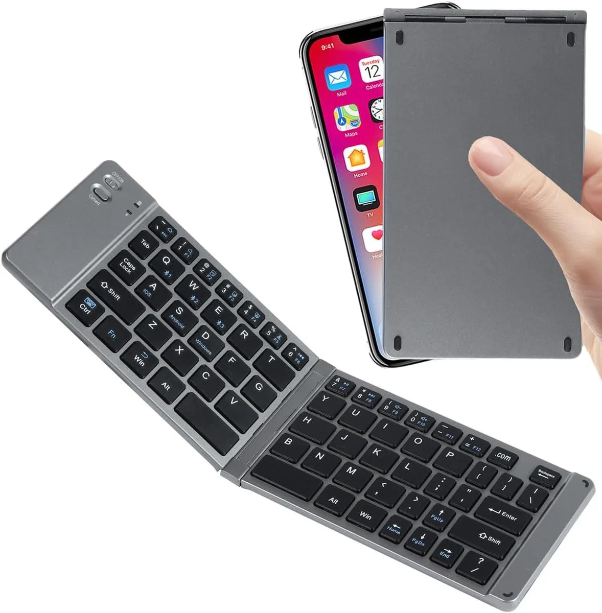 Slim foldable wireless keyboard with palm rest, dark finish