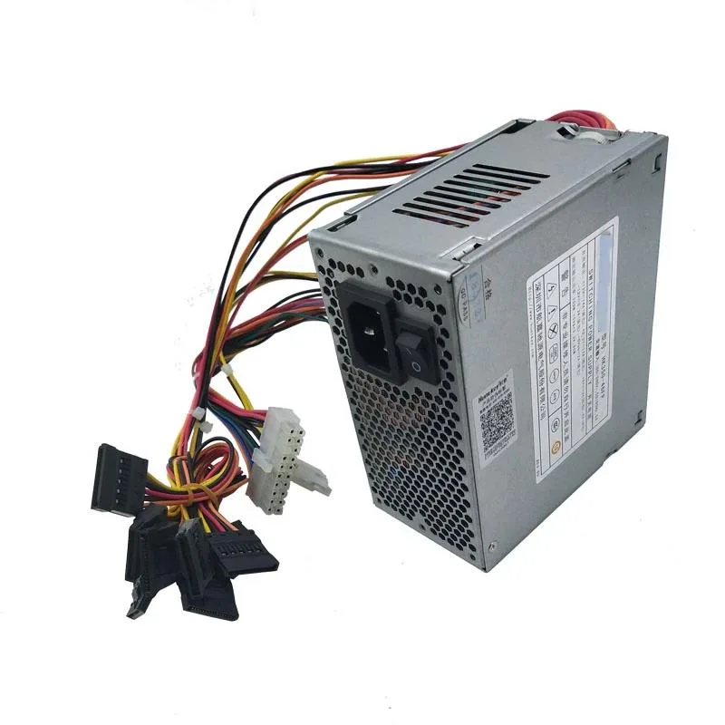 Compact SFX power supply unit with matte black finish and cooling fan visible