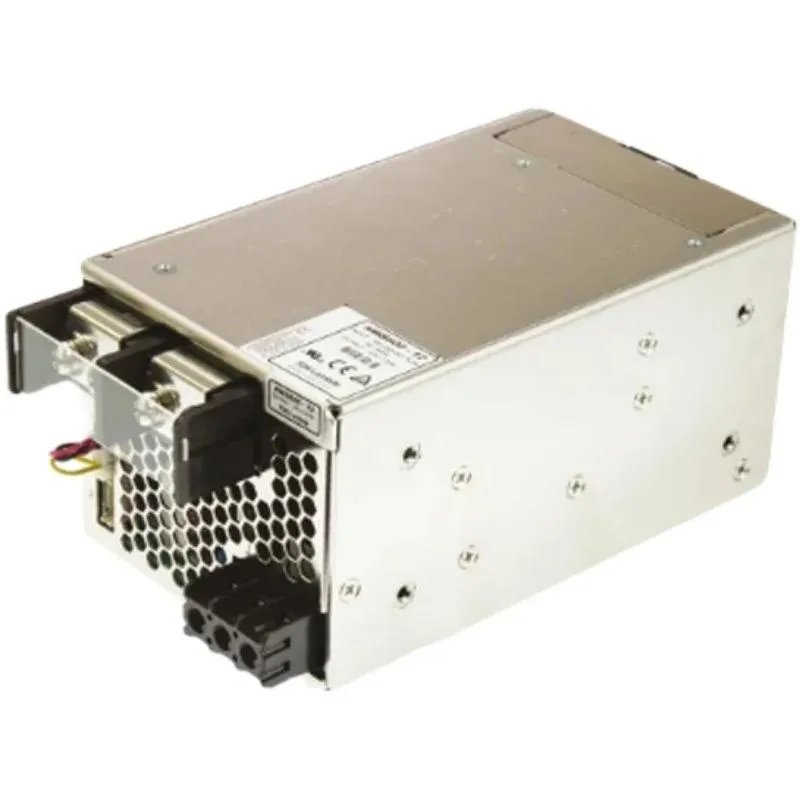 Rectangular metal ATX power supply unit, silver finish, cooling fan visible