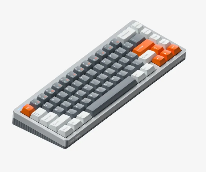Grey low-profile 65% mechanical keyboard with aluminium top case, ABS bottom, south-facing RGB lighting and 67 keys