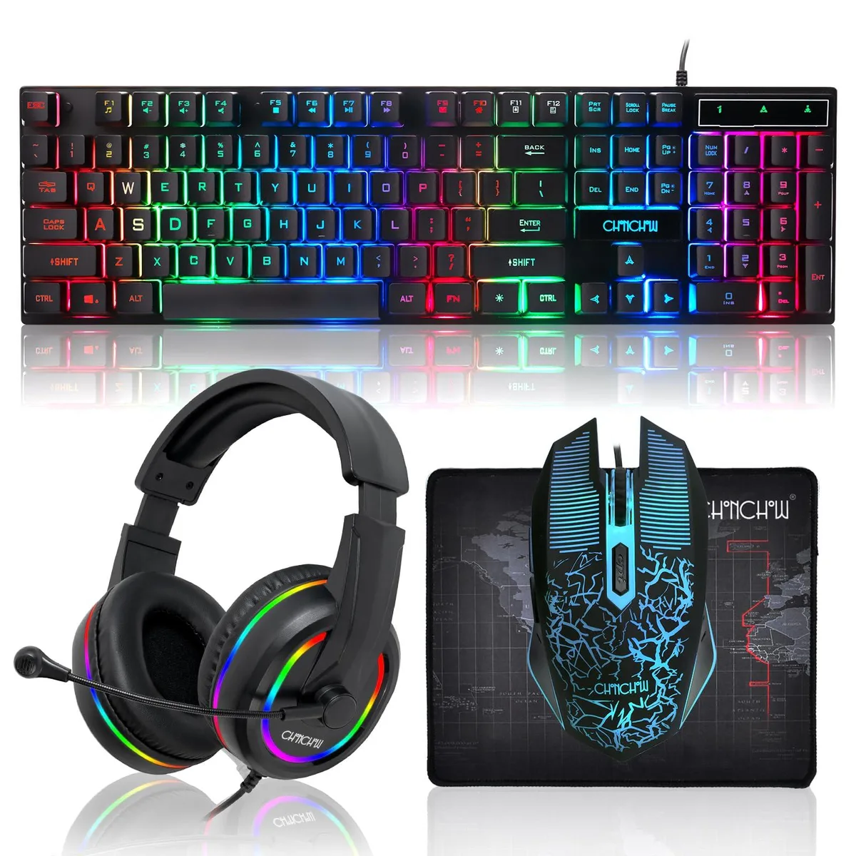 Black wired gaming bundle with rainbow LED keyboard, ambidextrous mouse, backlit headset and waterproof mousepad