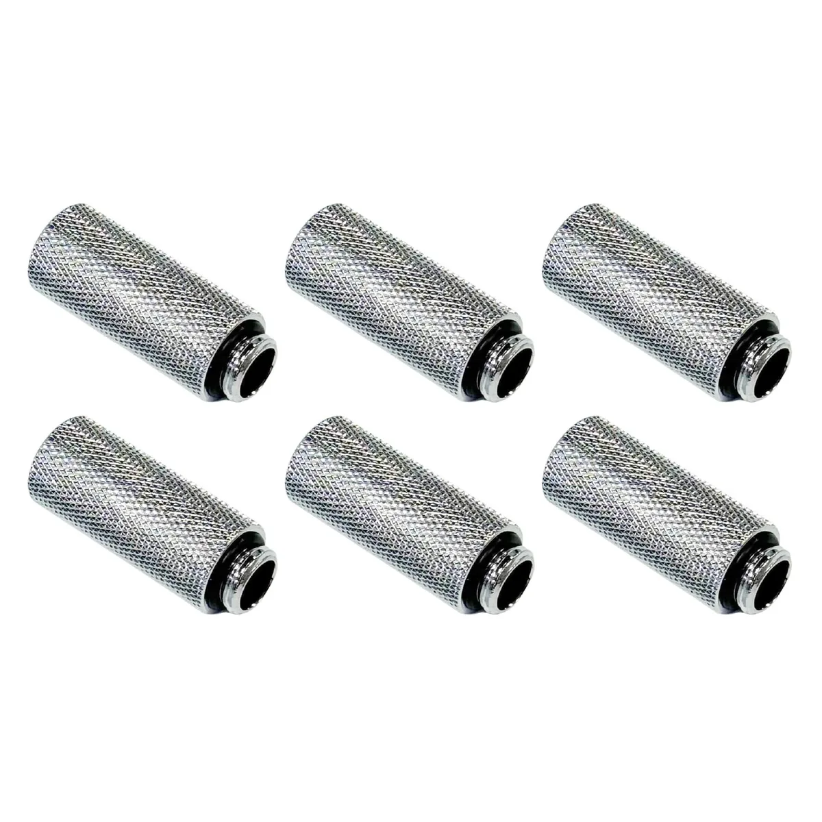 Six silver chrome-plated brass extender fittings with G1/4" threads, 40mm tall, 18mm wide