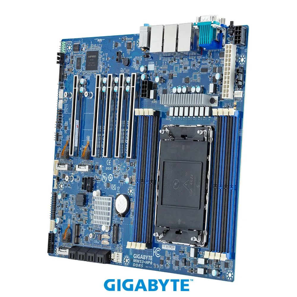 Green rectangular server motherboard with silver CPU socket, eight black DDR5 memory slots and four full-length PCIe expansion slots