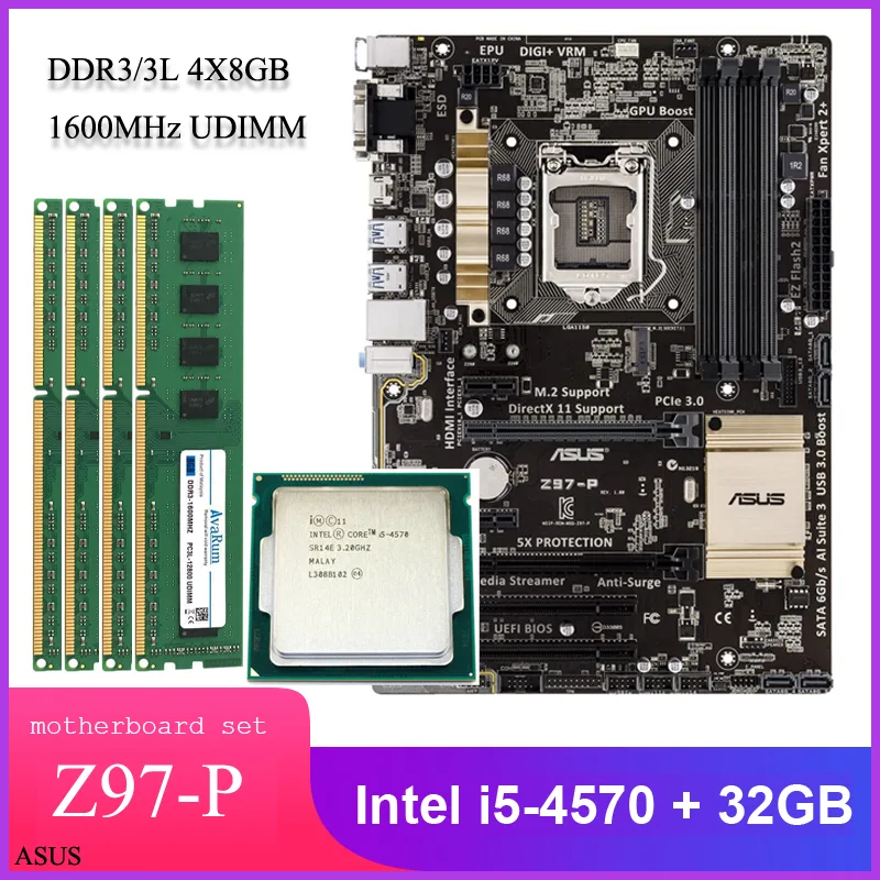 ASUS Z97-P ATX motherboard with i5-4570 CPU and four DDR3 memory modules