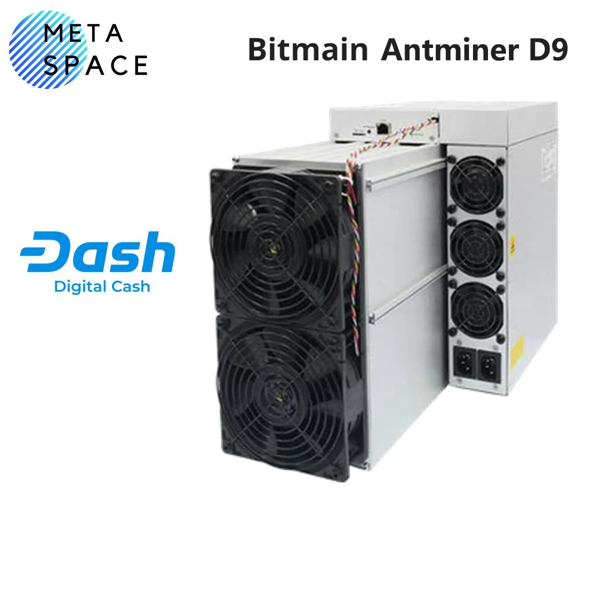 Rectangular silver ASIC miner with four front fans, Ethernet port, 195 by 290 by 400 mm