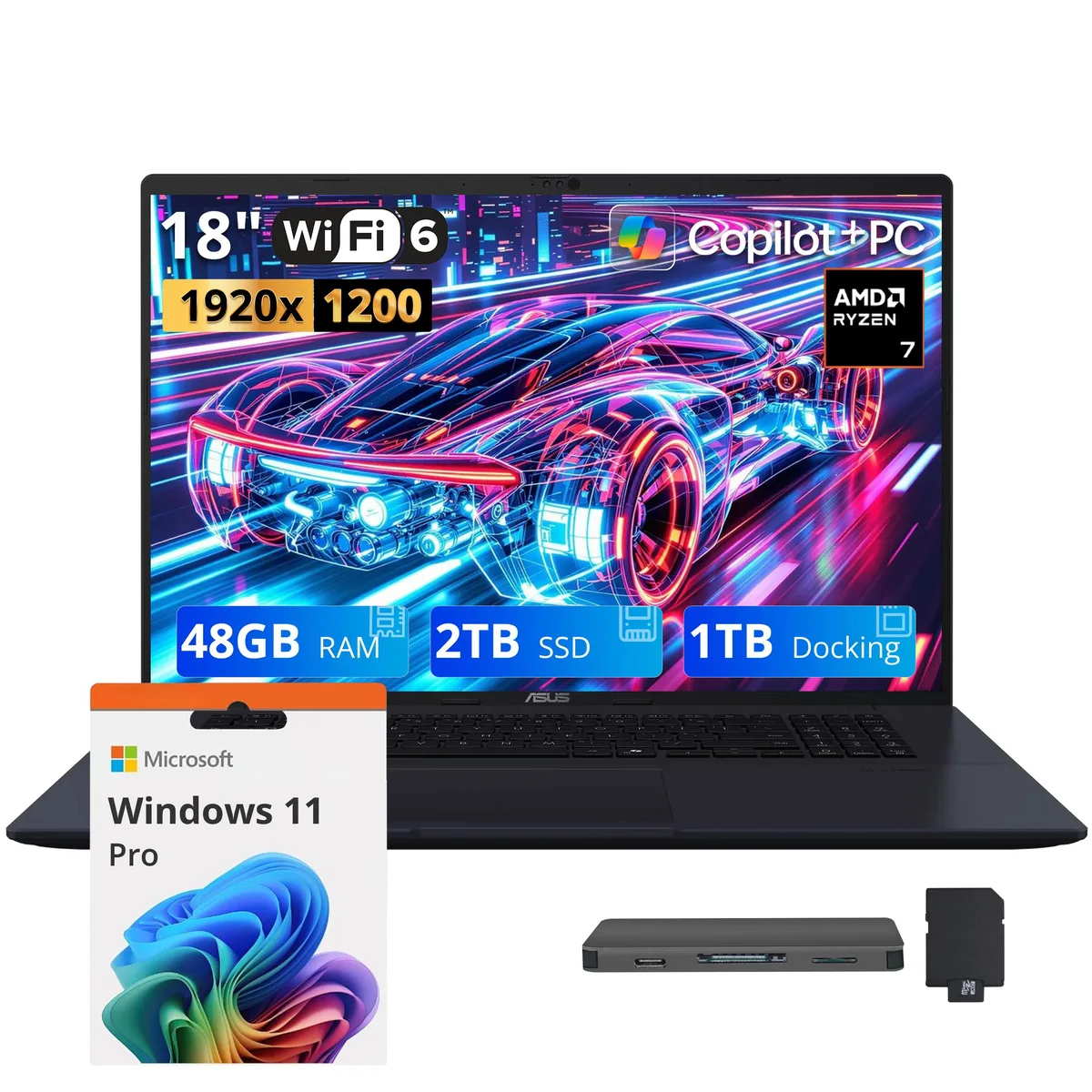ASUS ASUS Vivobook 18 18" WUXGA 144Hz Business Laptop AMD Ryzen 7 260 48GB DDR5 2TB SSD + 1TB Docking Station Blue — תמונת המוצר