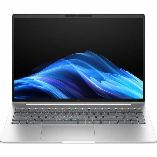 Silver aluminium laptop closed, 16 inch screen, webcam visible