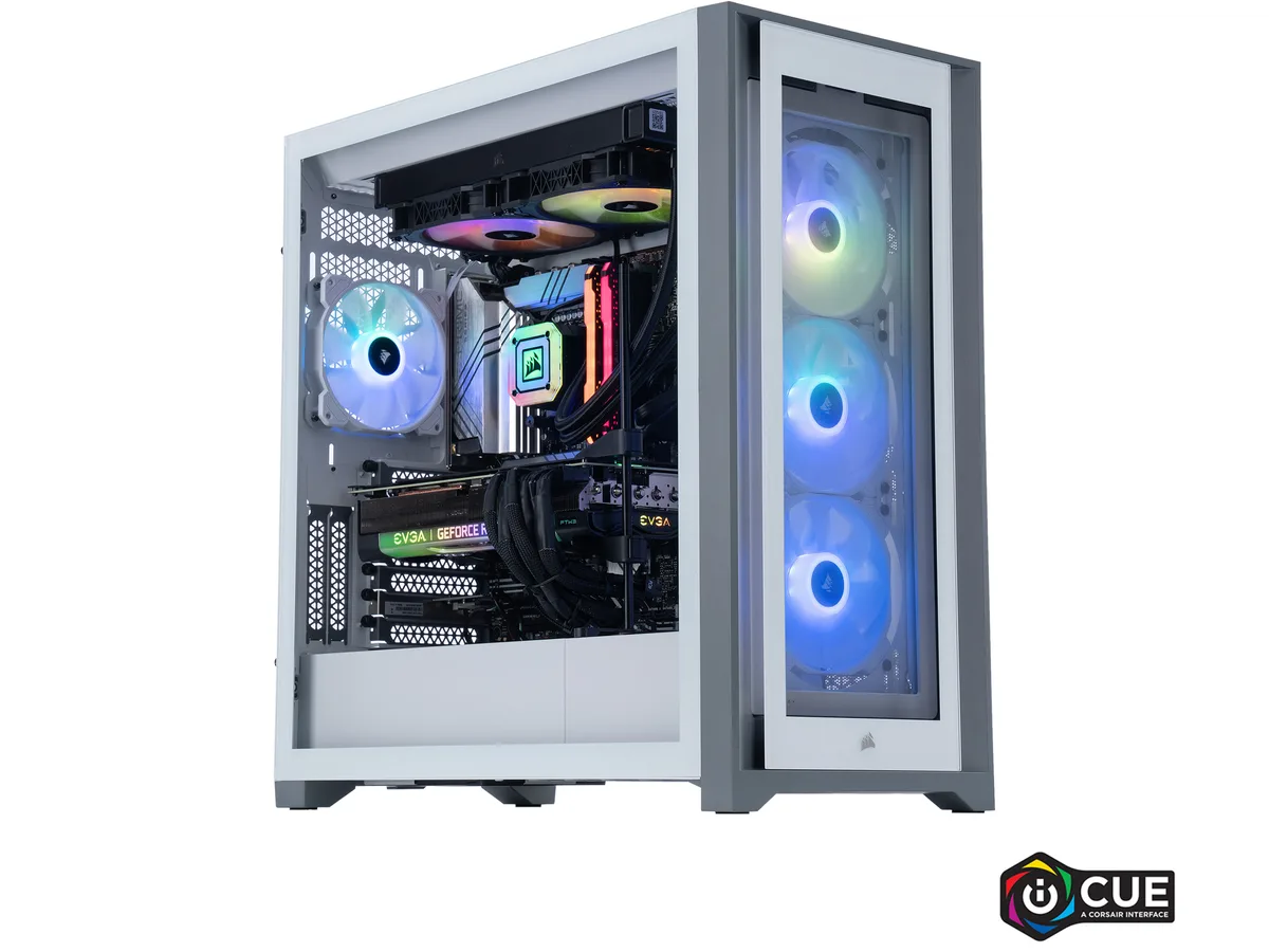 Black mid-tower gaming case with tempered glass panels and visible RGB lighting
