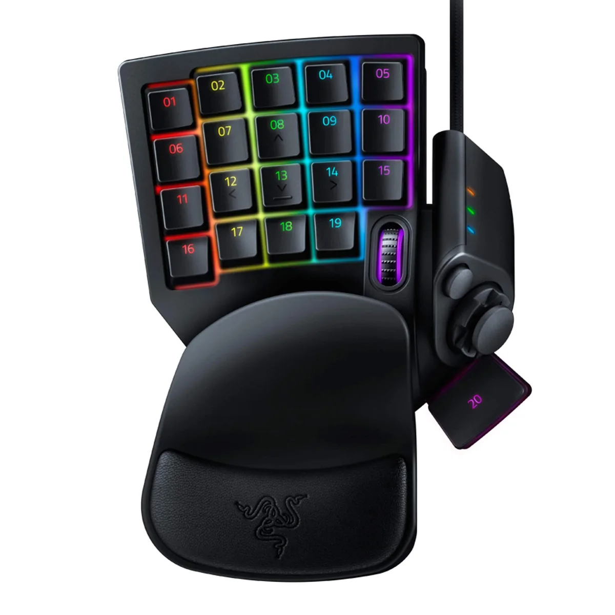 Black left-handed gaming keypad with 32 programmable keys, RGB backlighting, and detachable palm rest