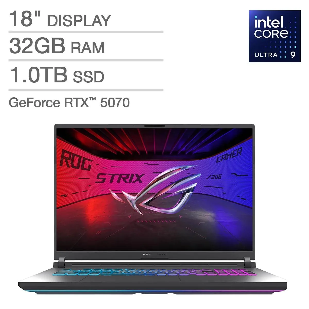 Eclipse Gray 18-inch gaming laptop with 16:10 screen and RGB keyboard