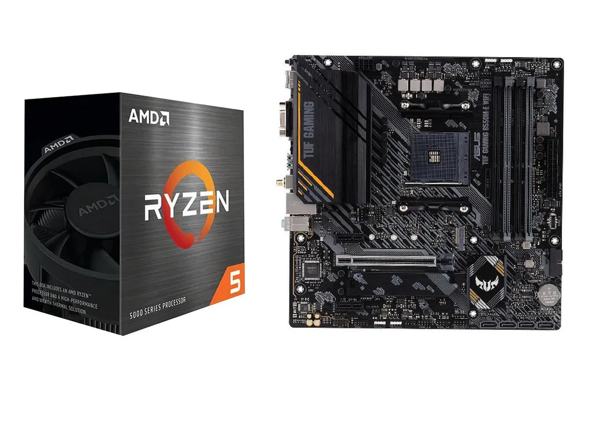ASUS TUF Gaming B550M-E WIFI micro ATX motherboard with Ryzen 5 5600X CPU, dark grey finish