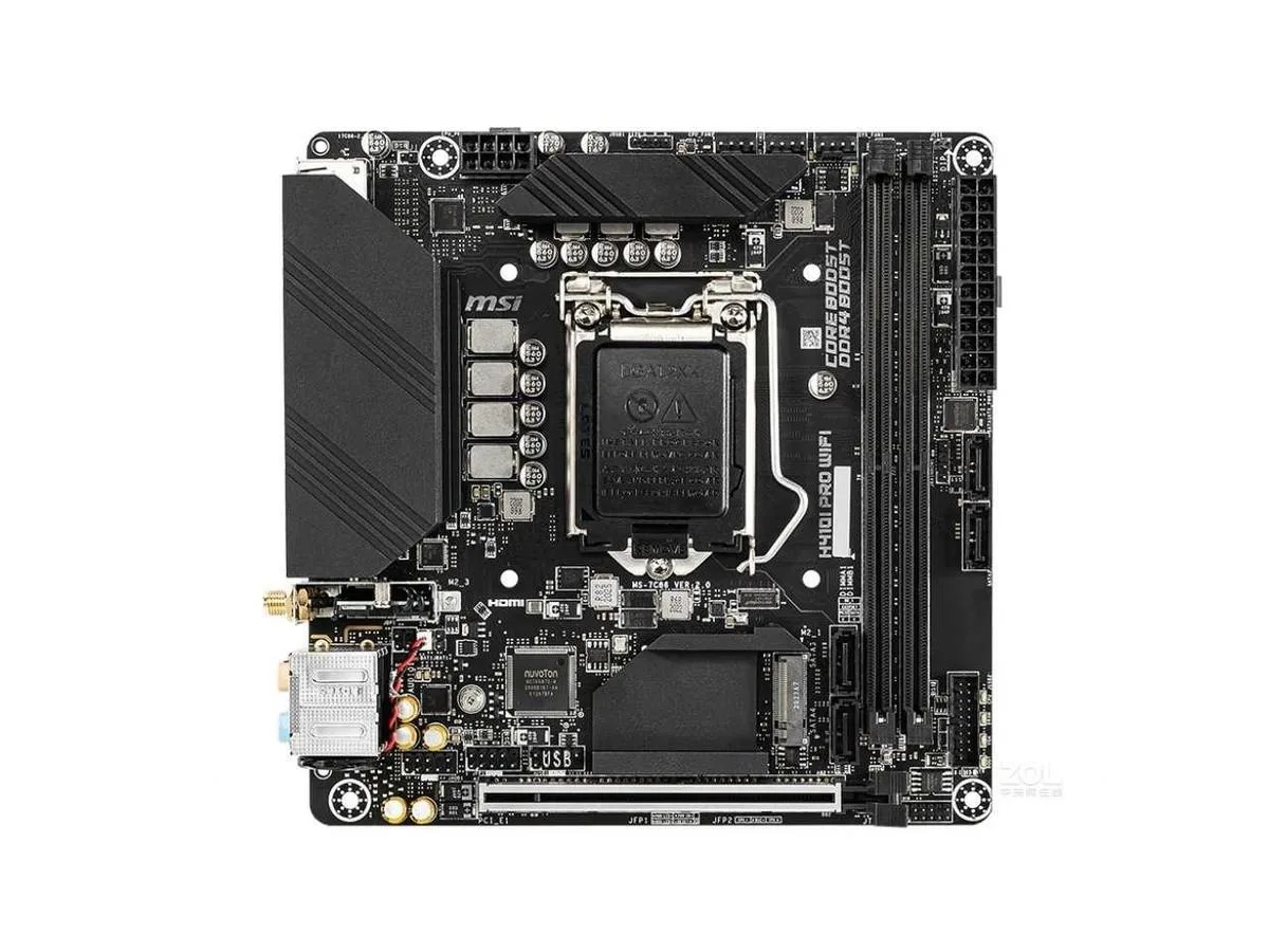Green Mini-ITX motherboard with black I/O shield and Wi-Fi antenna connectors