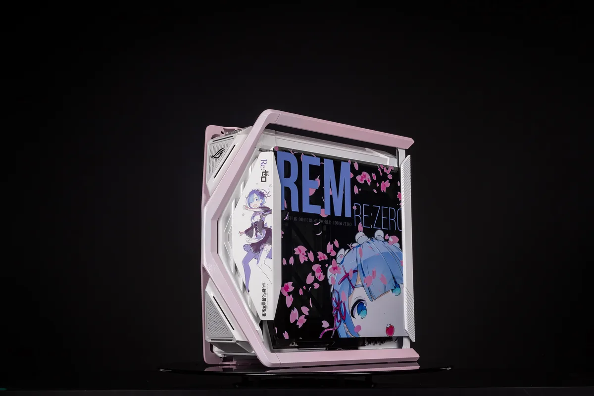 Pink full-tower E-ATX case with tempered glass side panels and pre-installed 140 mm fans