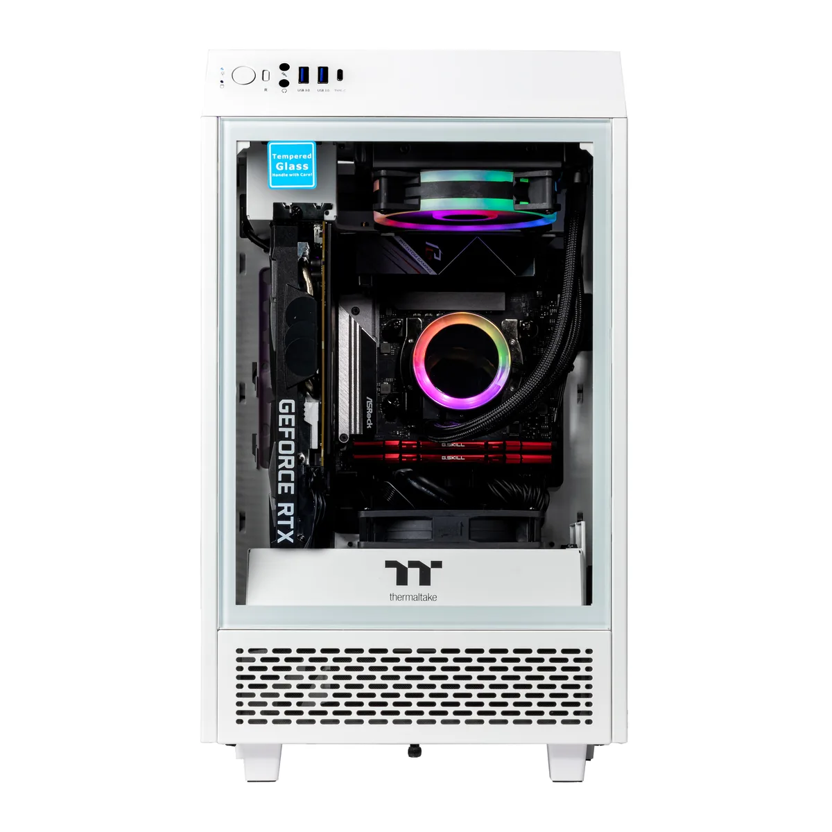 White Mini ITX gaming desktop with RGB liquid cooler visible through side panel