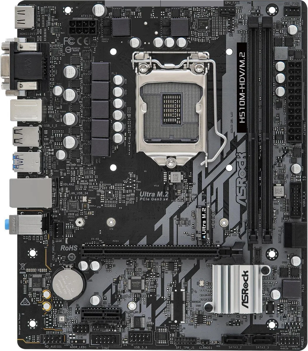 Green Micro ATX motherboard with black slots and silver heatsinks