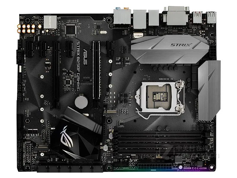 ATX motherboard with black PCB and silver heatsinks
