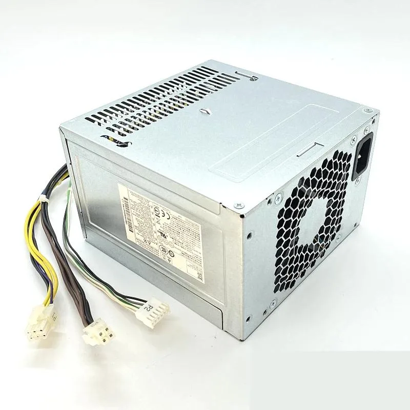 Rectangular silver ATX power supply unit with ventilation grille and power connectors