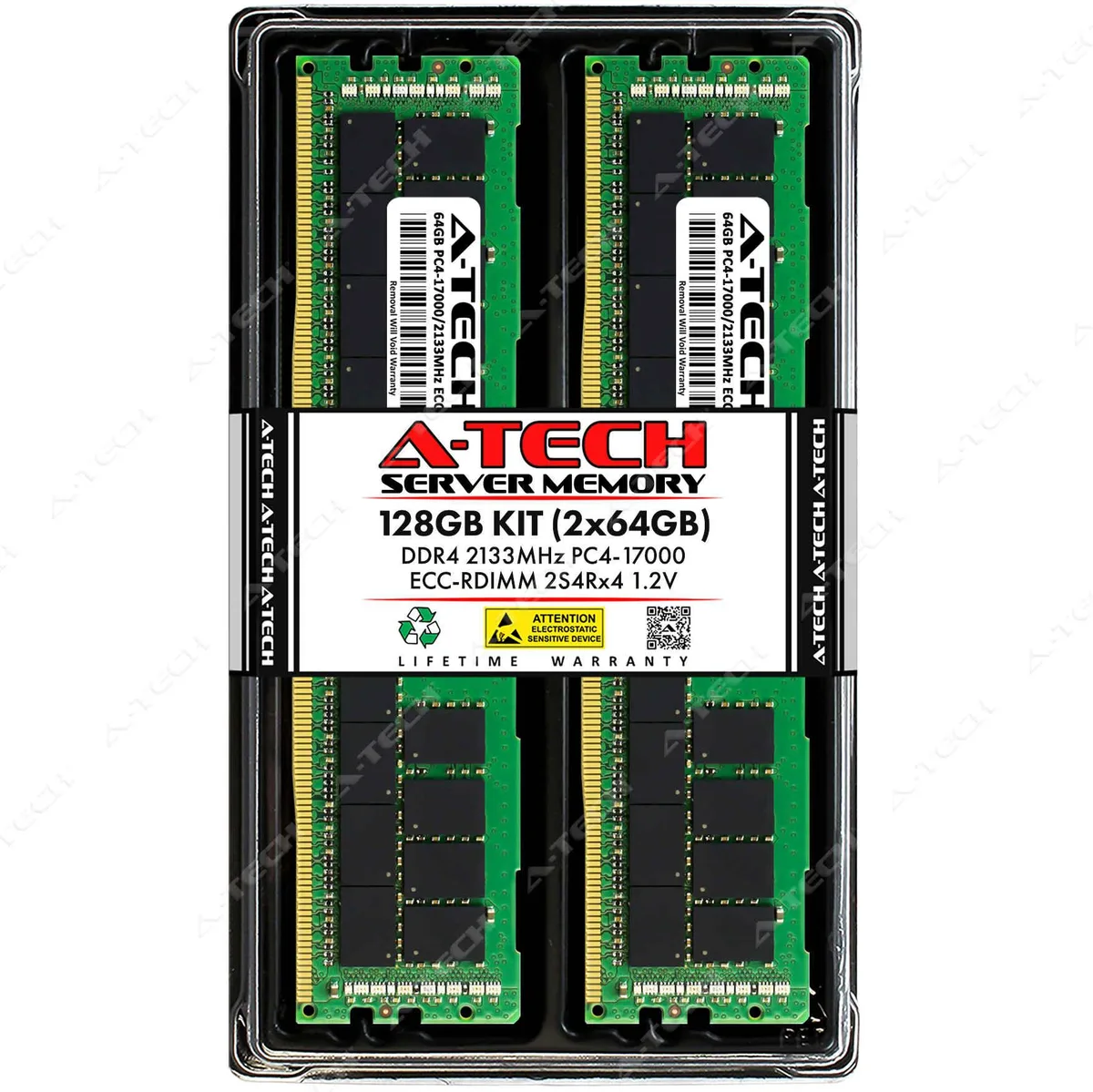 Two green 288-pin DDR4 RDIMM modules, no heat spreader, gold contacts visible