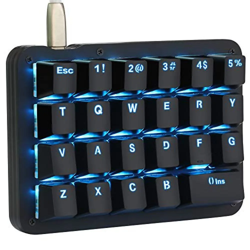 Compact black mechanical macro keypad with 23 blue-switch keys and RGB backlighting