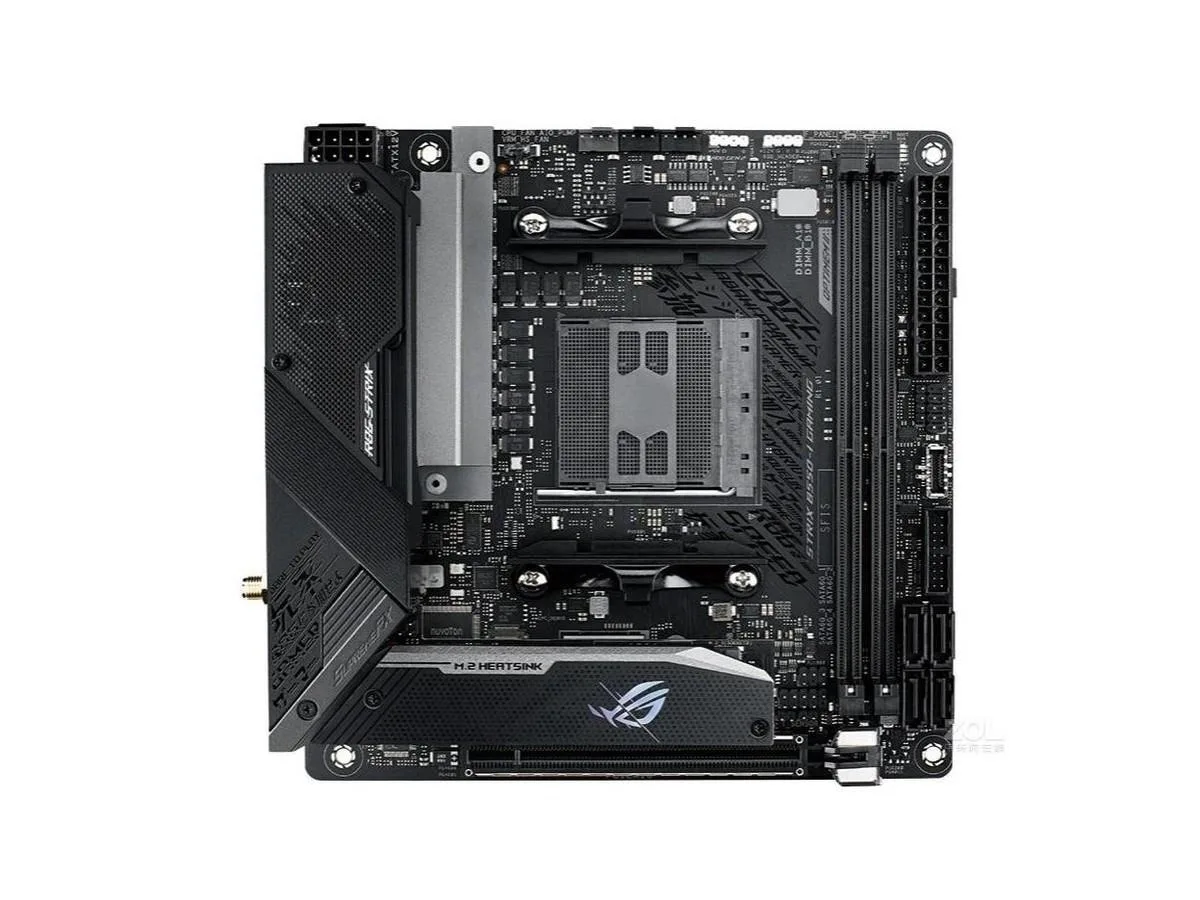 Compact Mini-ITX motherboard with dark PCB and silver heatsinks