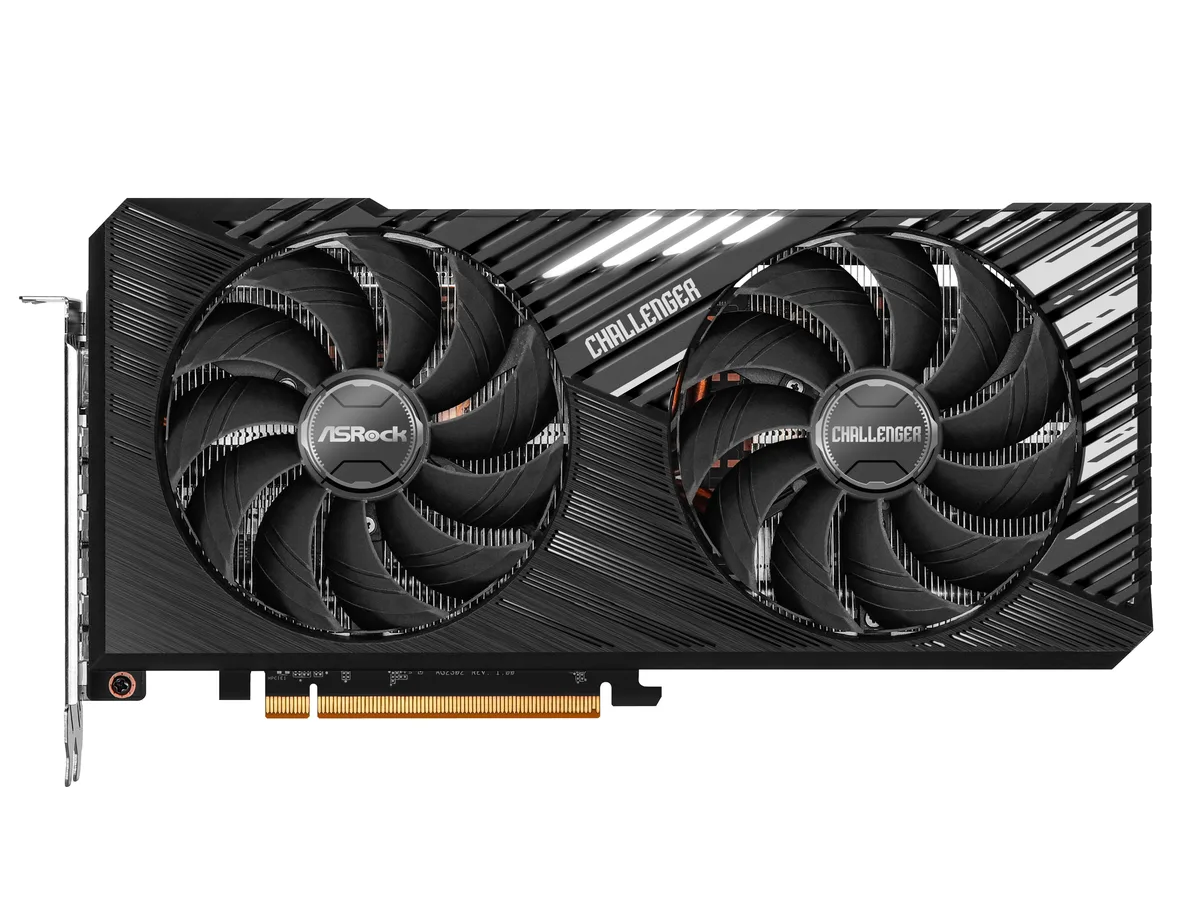 Black dual-fan graphics card with silver accents, 2.5-slot ATX form factor