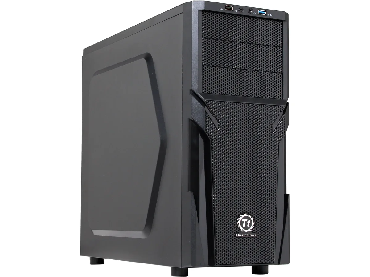 Black mid-tower case with perforated mesh front panel and three 5.25-inch drive bays