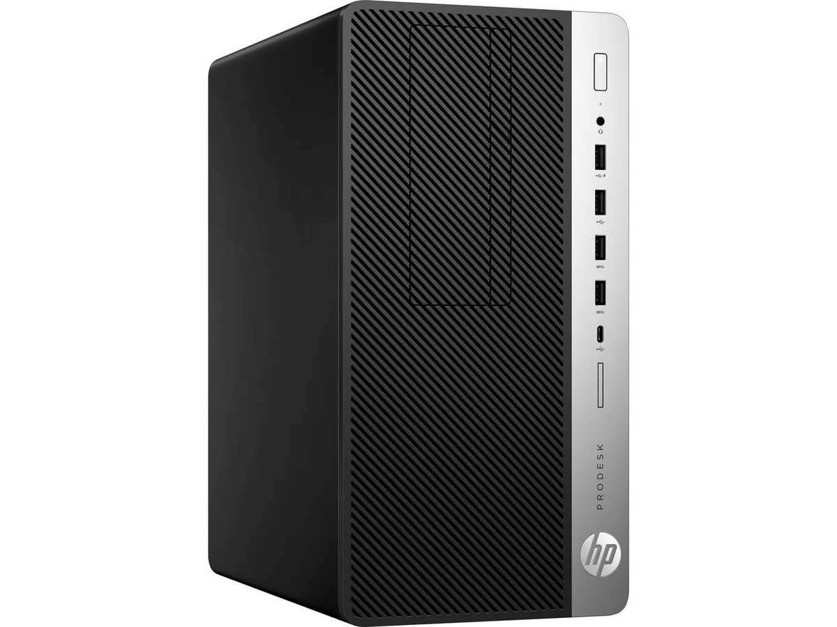 Black HP ProDesk 600 G5 MT tower with USB keyboard