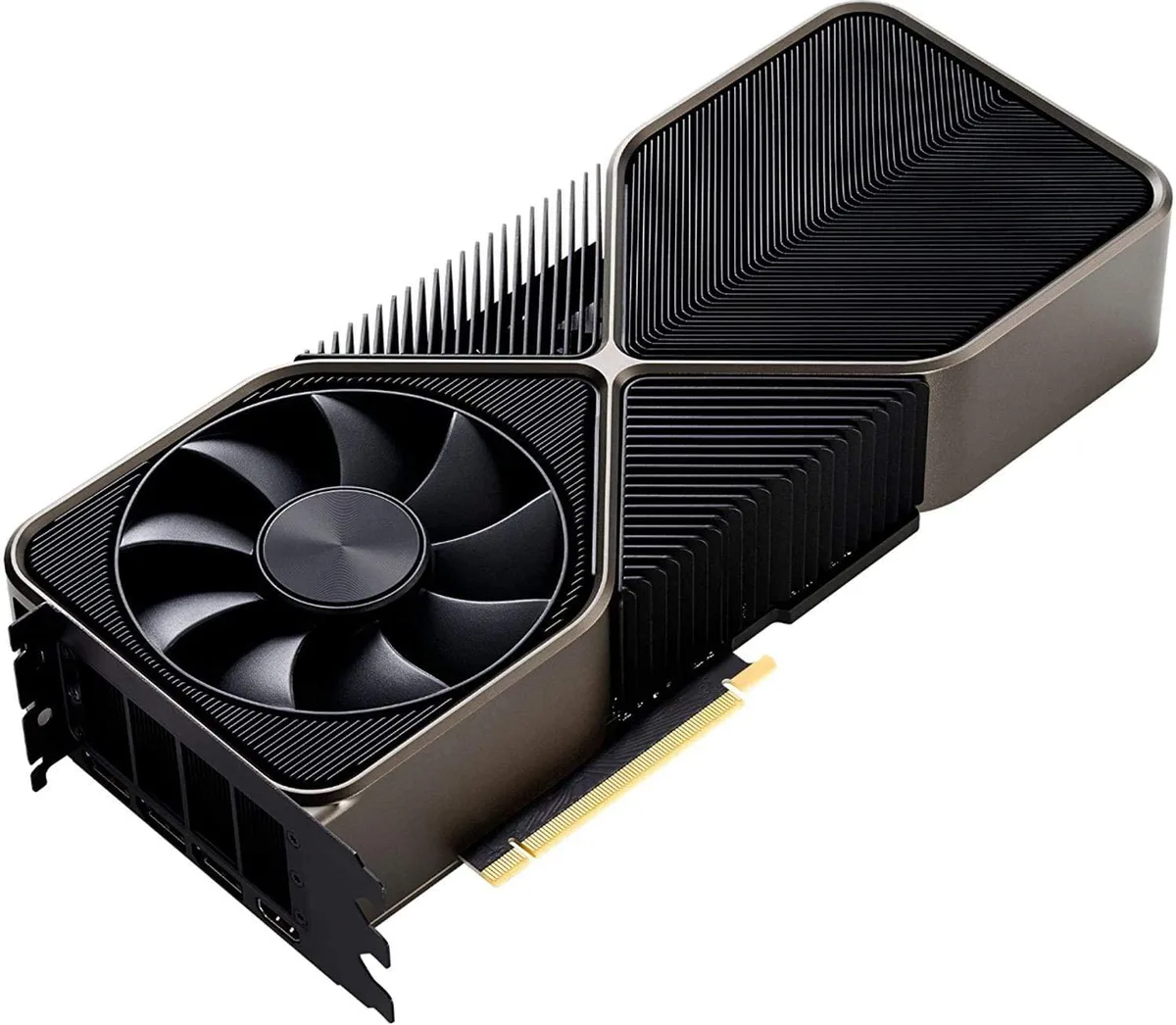 Silver dual-slot graphics card with angular metal shroud and exposed heatsink fins