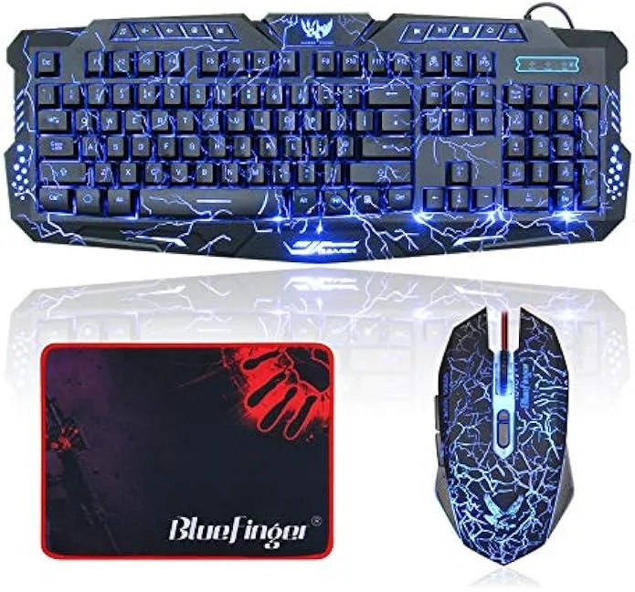 Black wired gaming keyboard with crack backlighting, matching mouse and rectangular cloth pad