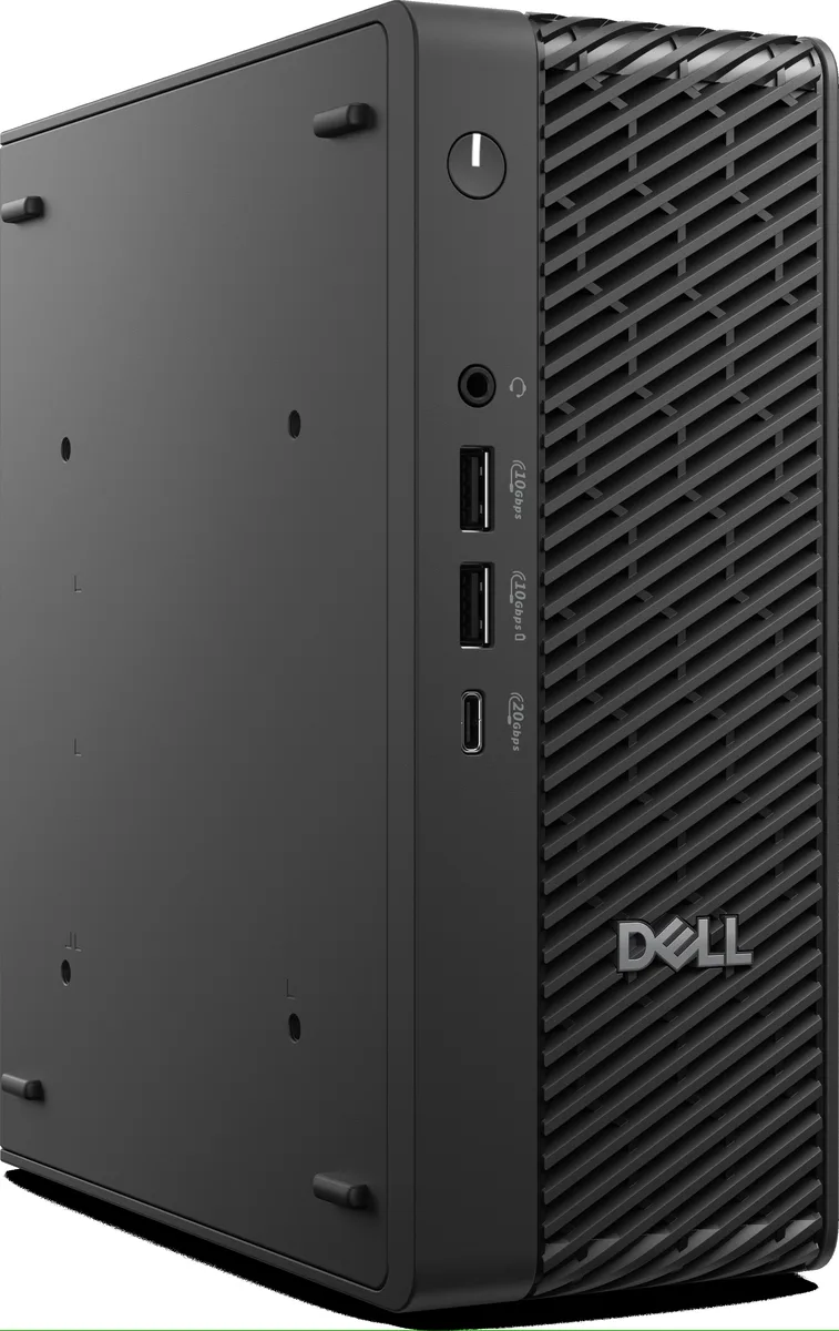 Compact black micro tower desktop with keyboard mouse and accessories