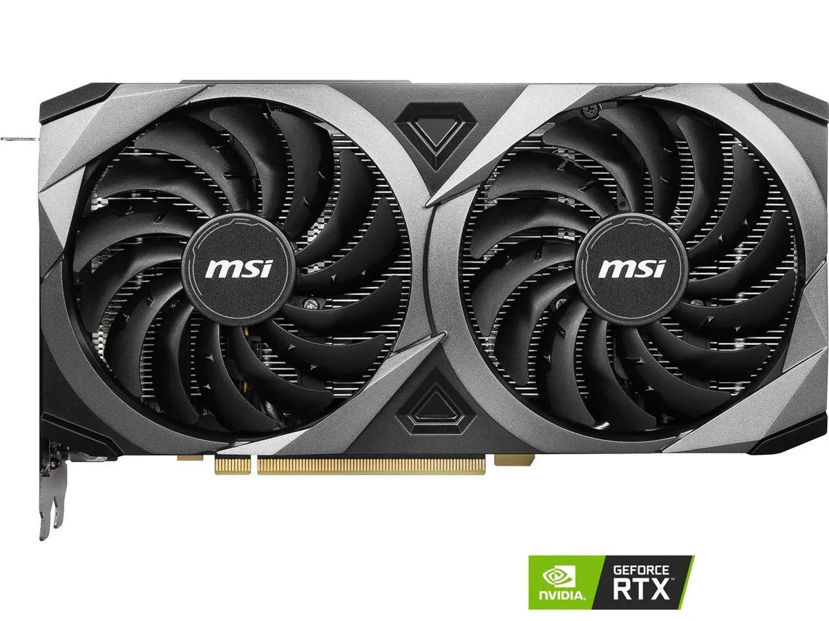 MSI GeForce RTX 3060 Ti Ventus 2X dual-fan graphics card in black and silver
