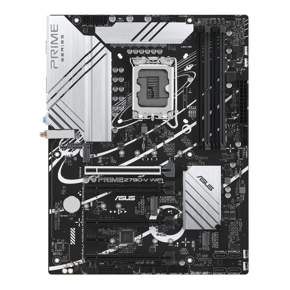 ATX motherboard with black PCB, silver heatsinks and LGA 1700 socket