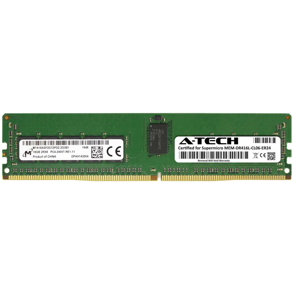 Green rectangular DDR4 RDIMM module with black chips and gold contacts