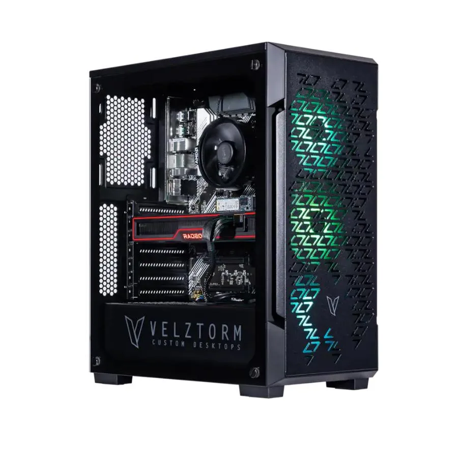 Black mid-tower gaming desktop with RGB lighting