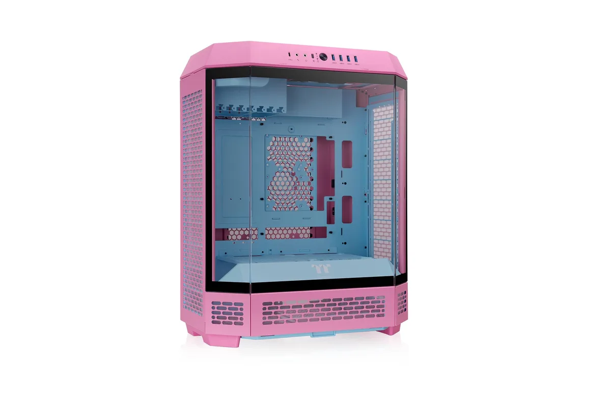 Pink octagonal mid-tower chassis with glass side panels