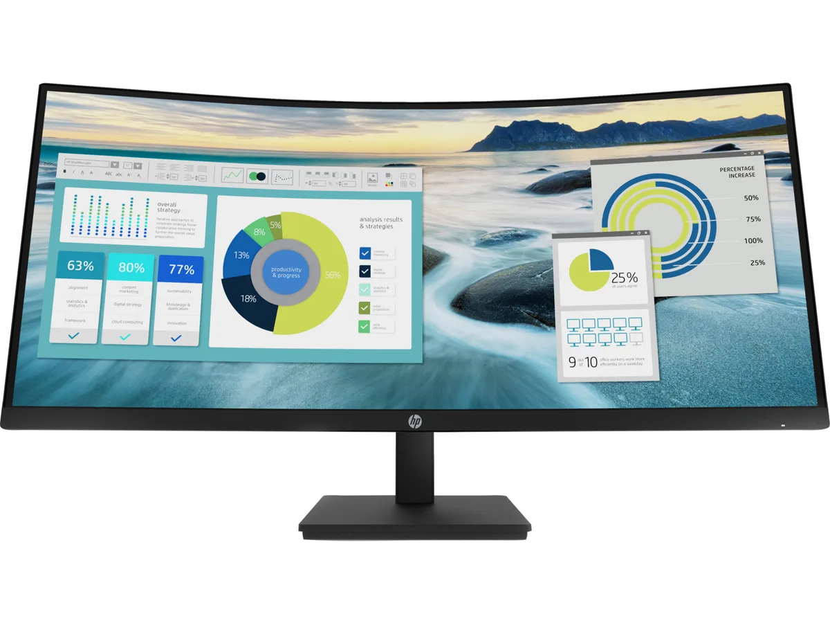Black 34-inch curved ultrawide gaming monitor with three-sided micro-edge bezel and height-adjustable stand