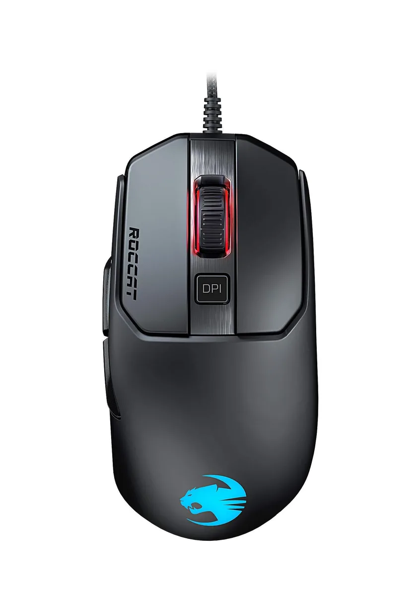 Black wired gaming mouse with ergonomic shape and RGB lighting