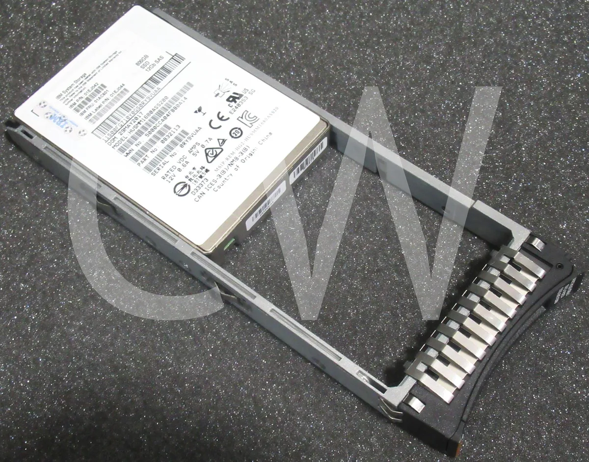A 2.5 inch SAS solid state drive inside a black metal caddy
