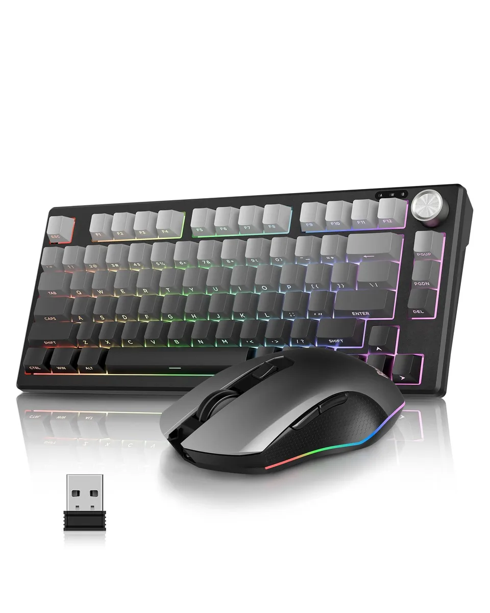 Gray 75% wireless keyboard and mouse combo with side-engraved keycaps and RGB backlight