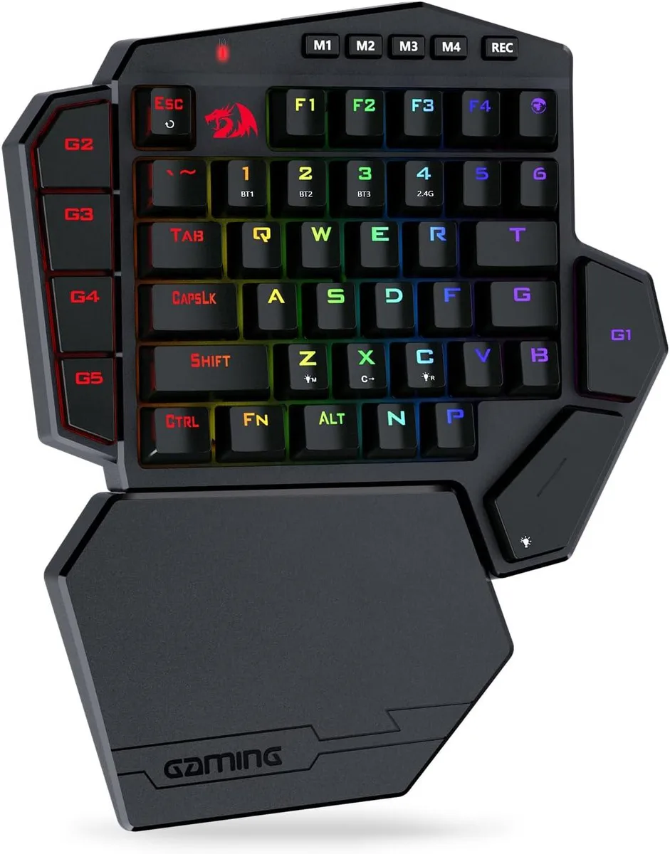 Compact one-handed wireless keyboard with 42 keys, brown switches, detachable magnetic wrist rest, RGB lighting