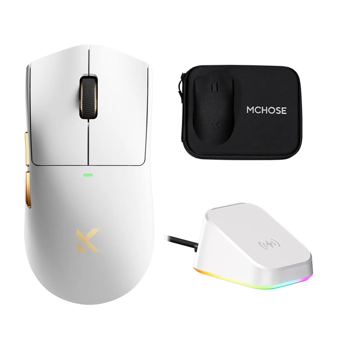 White ambidextrous gaming mouse with six buttons and a matte finish, shown beside a matching magnetic charging dock
