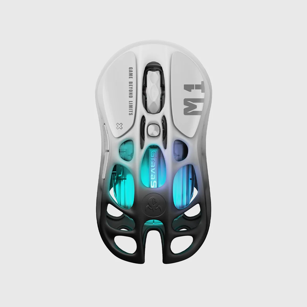 Lightweight magnesium-alloy gaming mouse in gradient black with skeletal frame, five buttons and RGB lighting