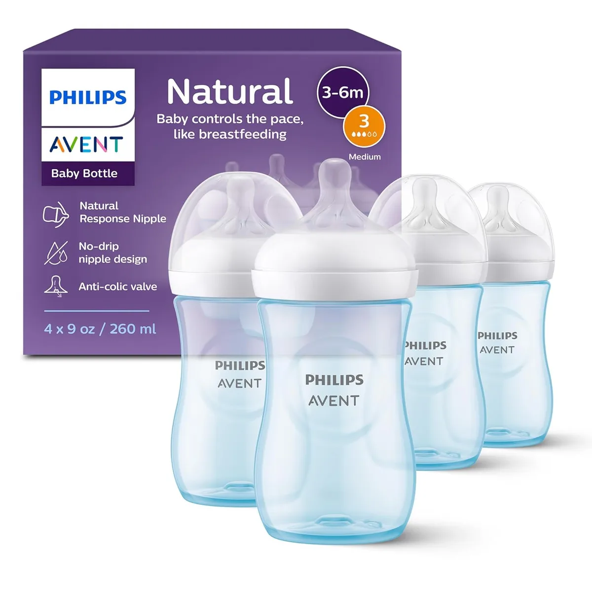 Avent Avent SCY903/24 Natural Bottles 9oz Blue 4-pack Flow 3 — product photo