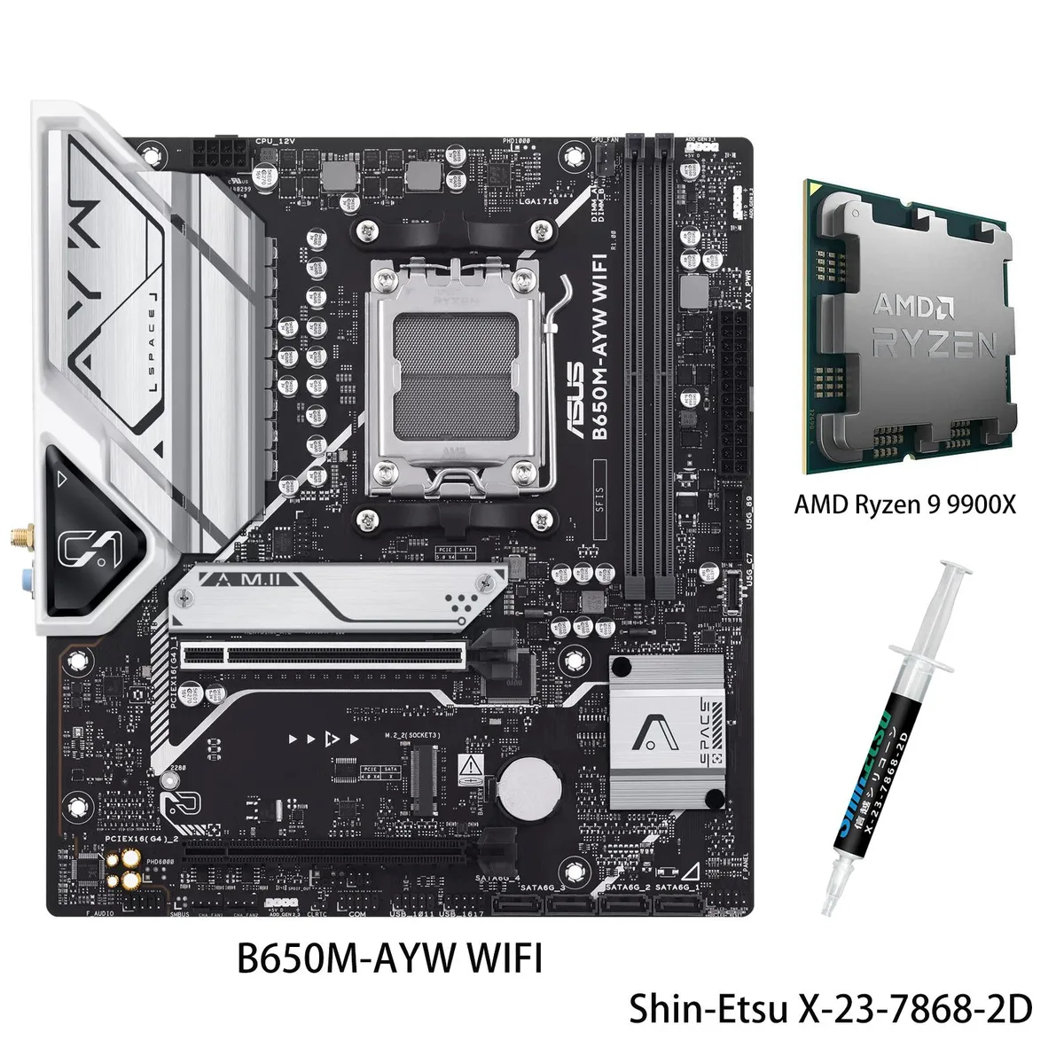 ASUS B650M-AYW WIFI micro-ATX motherboard with Ryzen 9 9900X CPU, silver heatsinks and black PCB