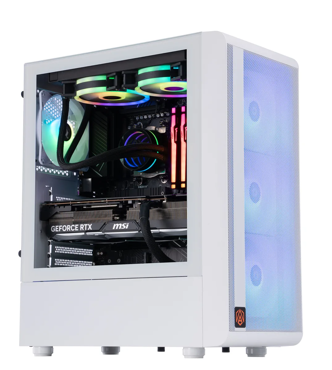 White mid-tower gaming desktop with RGB liquid cooling visible through side panel