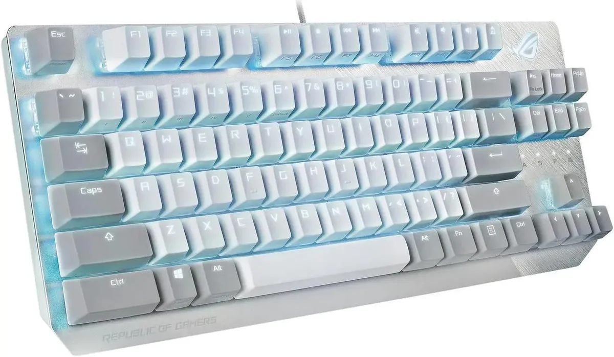 Moonlight White tenkeyless mechanical keyboard with aluminum faceplate and RGB lighting