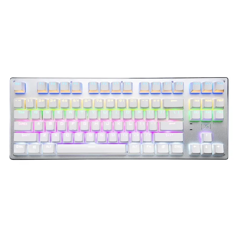 White 87-key mechanical keyboard with blue switches and backlit PBT keycaps